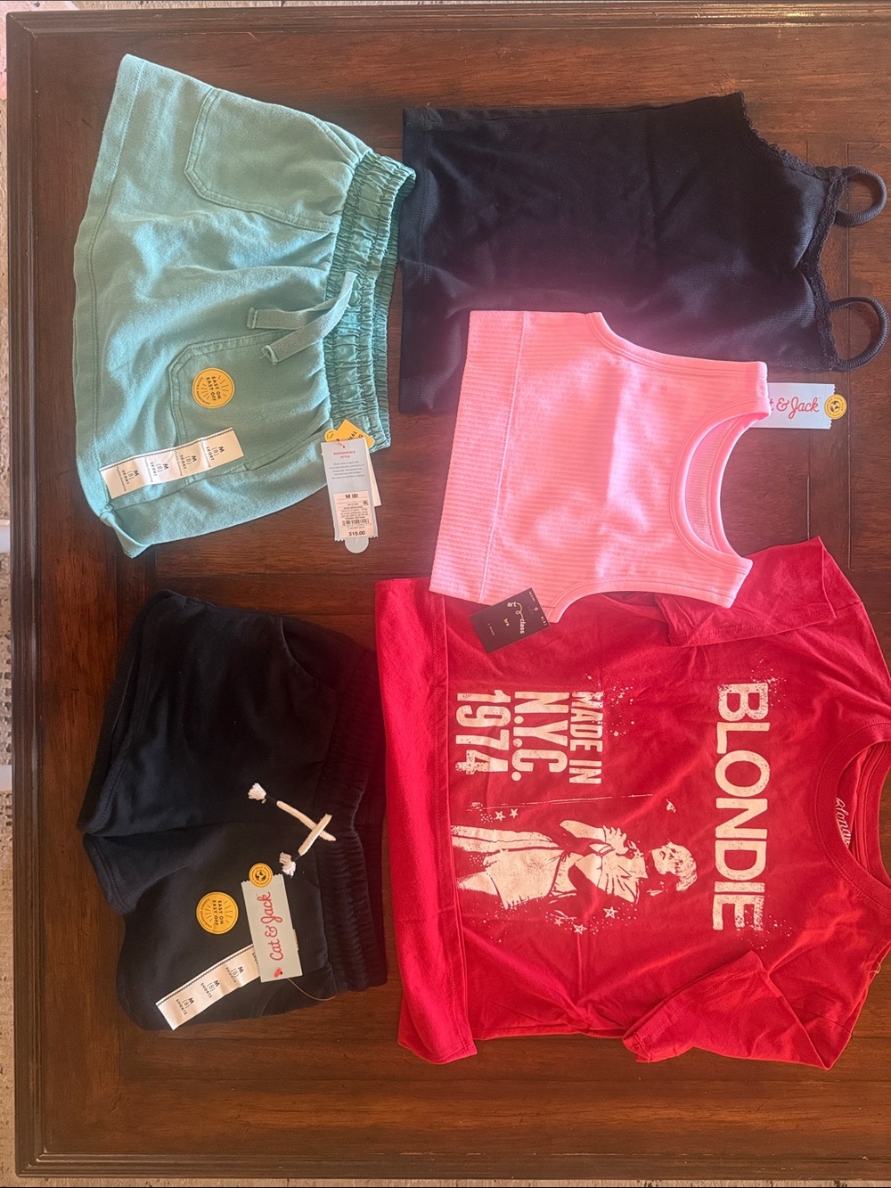 Mixed Girls Tops & Shorts Bundle - Mint, Black, Pink, Red - Size 8